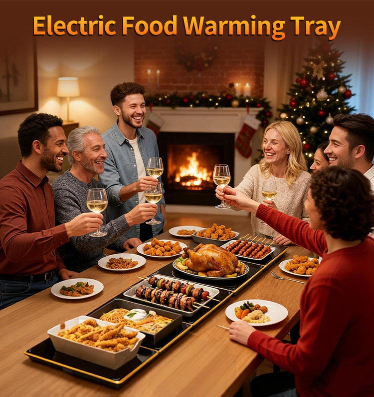 Friends sharing a festive roast dinner on black warming trays