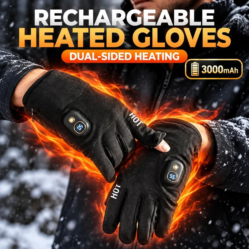 Rechargeable black heated gloves with dual-sided heating