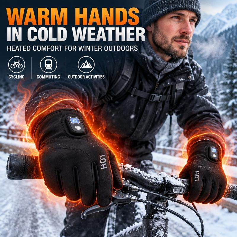 Cyclist wearing black heated gloves in a snowy mountain setting