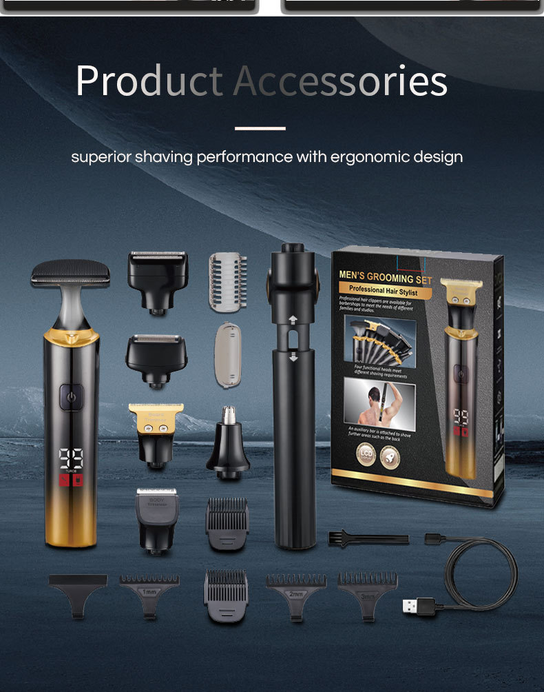 Complete grooming kit arranged with the shaver, heads, combs, extension handle, cleaning brush and USB charging cable