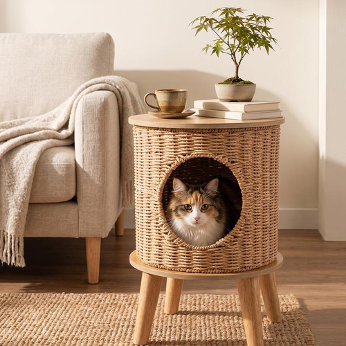 Veyro 2-in-1 Rattan Cat Cave & Side Table