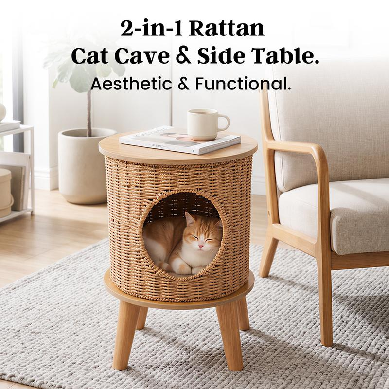 Veyro 2-in-1 Rattan Cat Cave & Side Table