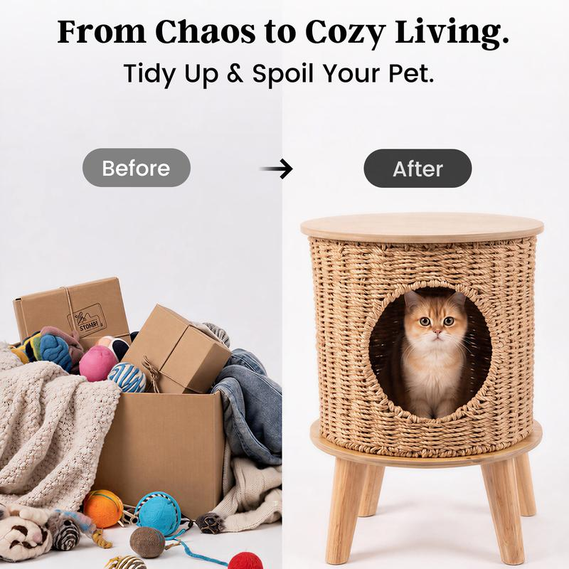 Veyro 2-in-1 Rattan Cat Cave & Side Table
