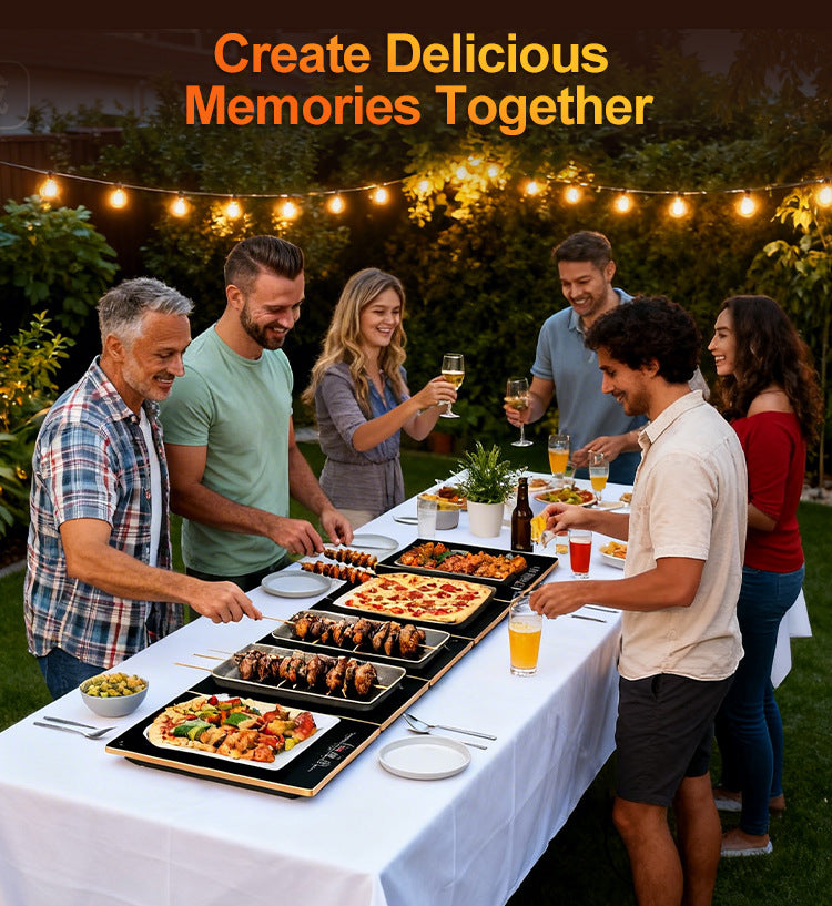 Friends gathering around a long party buffet