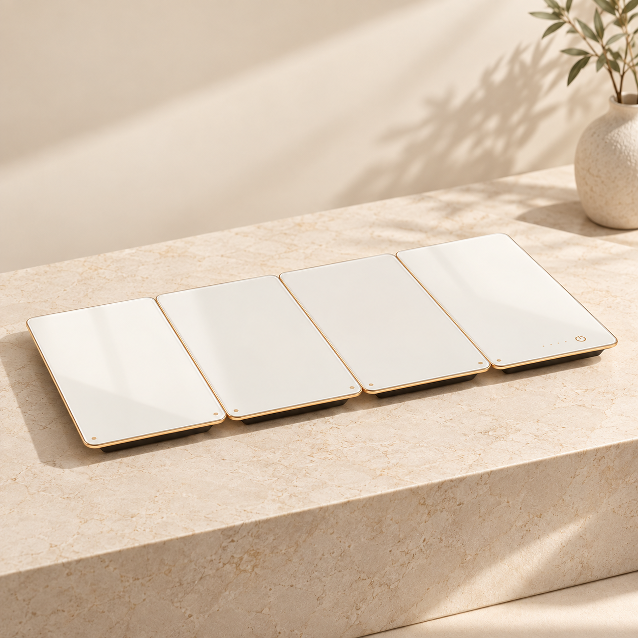 White four-piece electric warming tray with gold trim