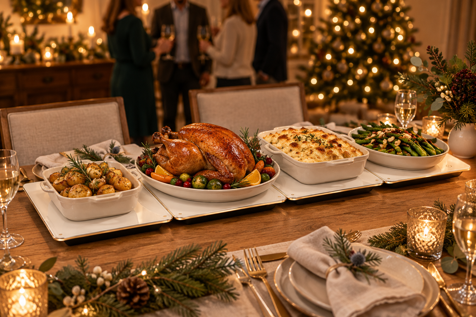 White and gold warming trays set for a candlelit Christmas dinner