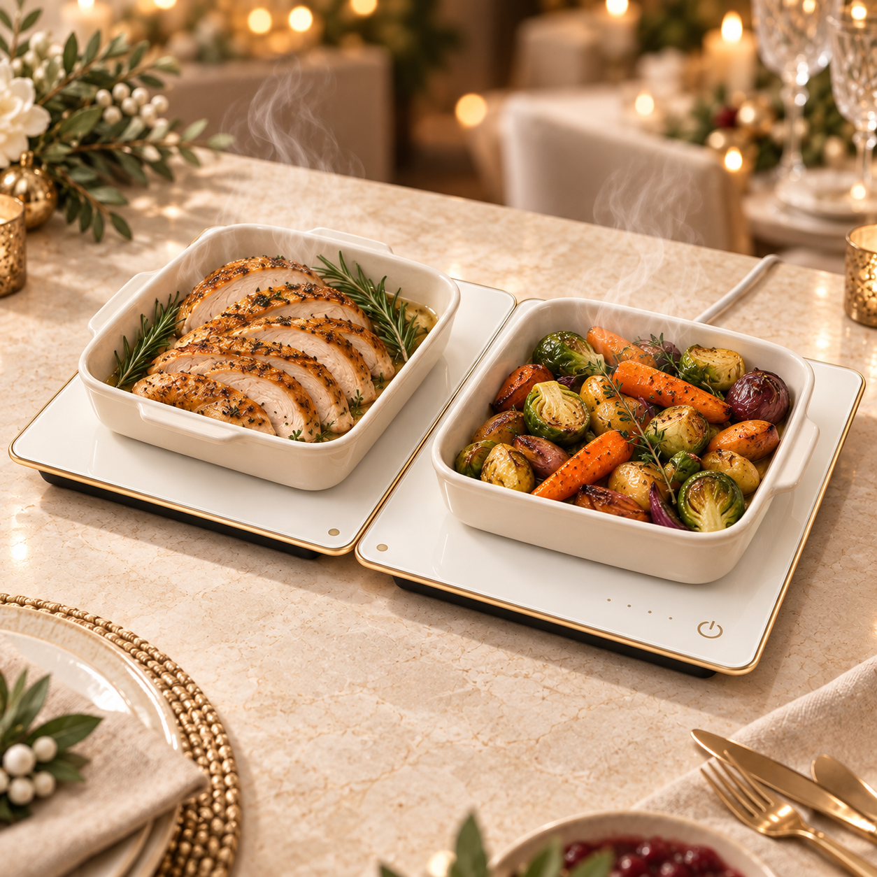 Two connected white electric warming panels keeping turkey and vegetables warm in serving dishes