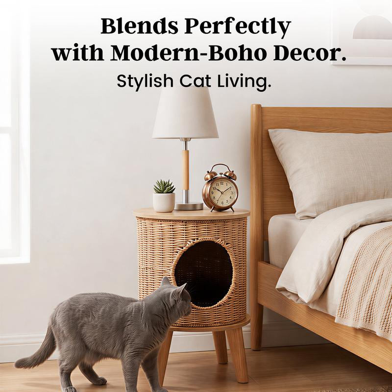 Handwoven rattan cat cave and wood side table at home