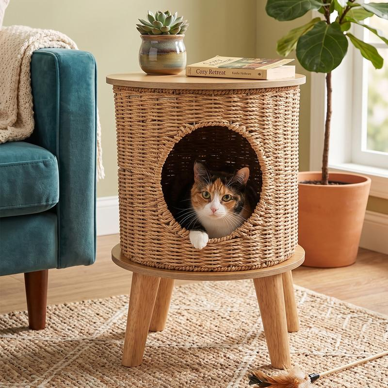 Handwoven rattan cat cave and wood side table at home