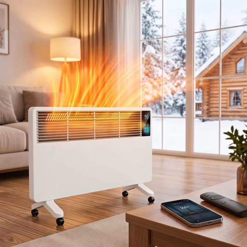 Veyro space heater in a warm living room with a snowy view